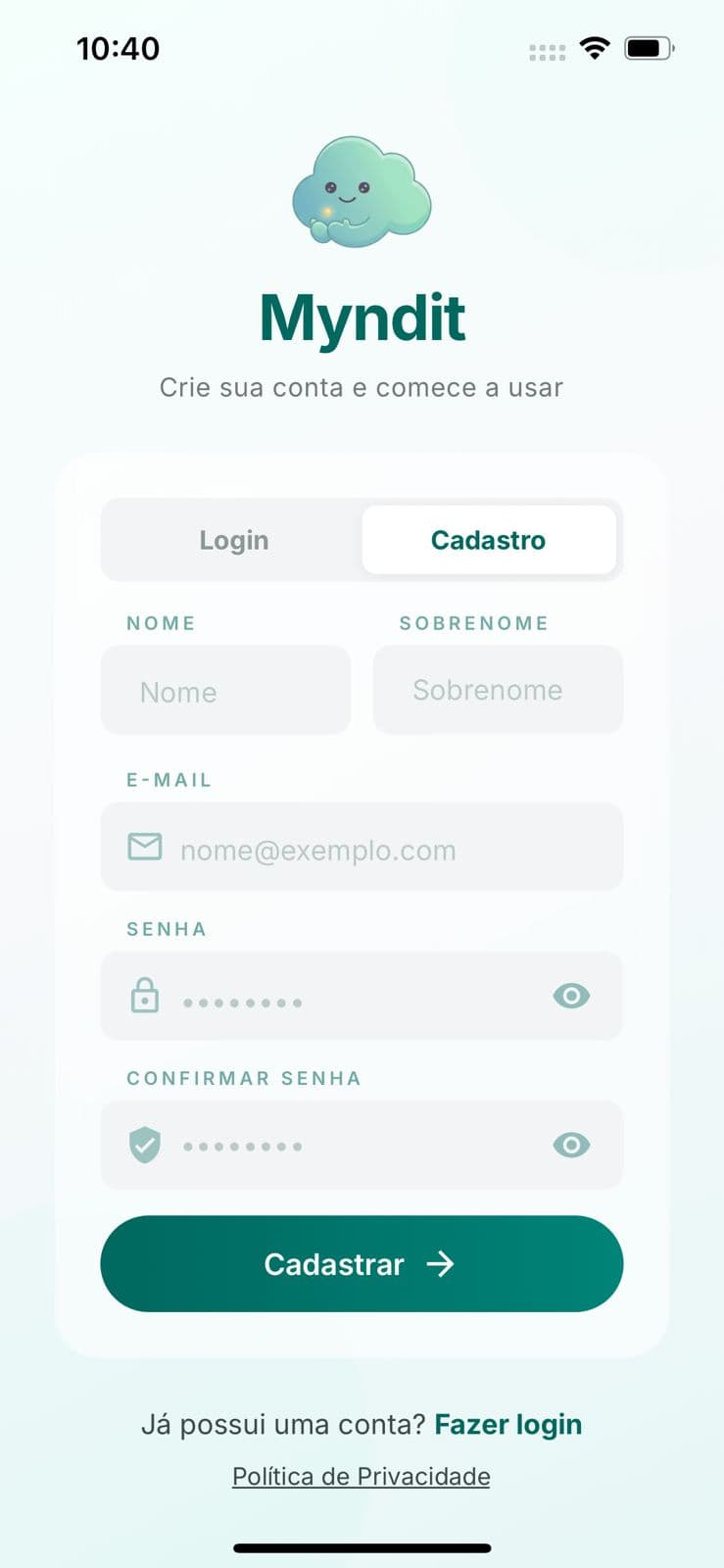Myndit app - tela principal